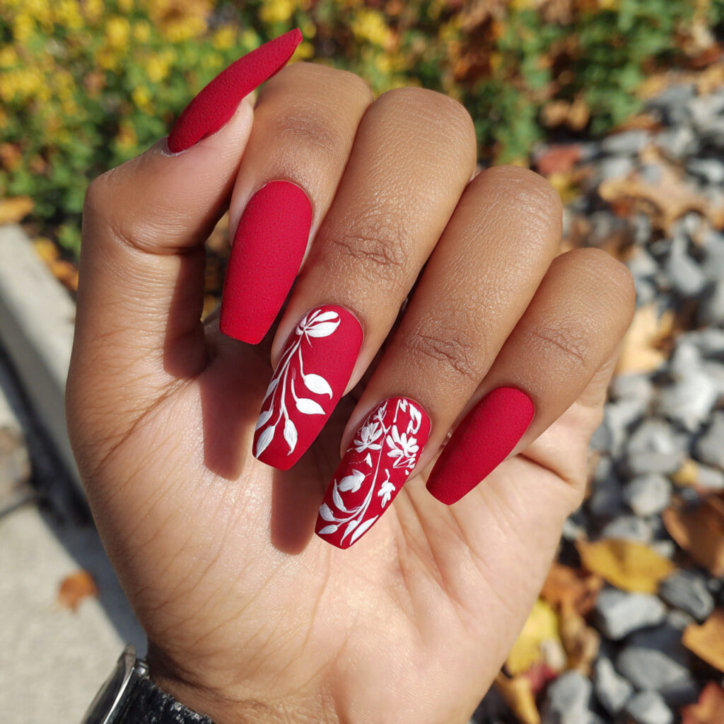 attractive matte red with glossy white accent nail