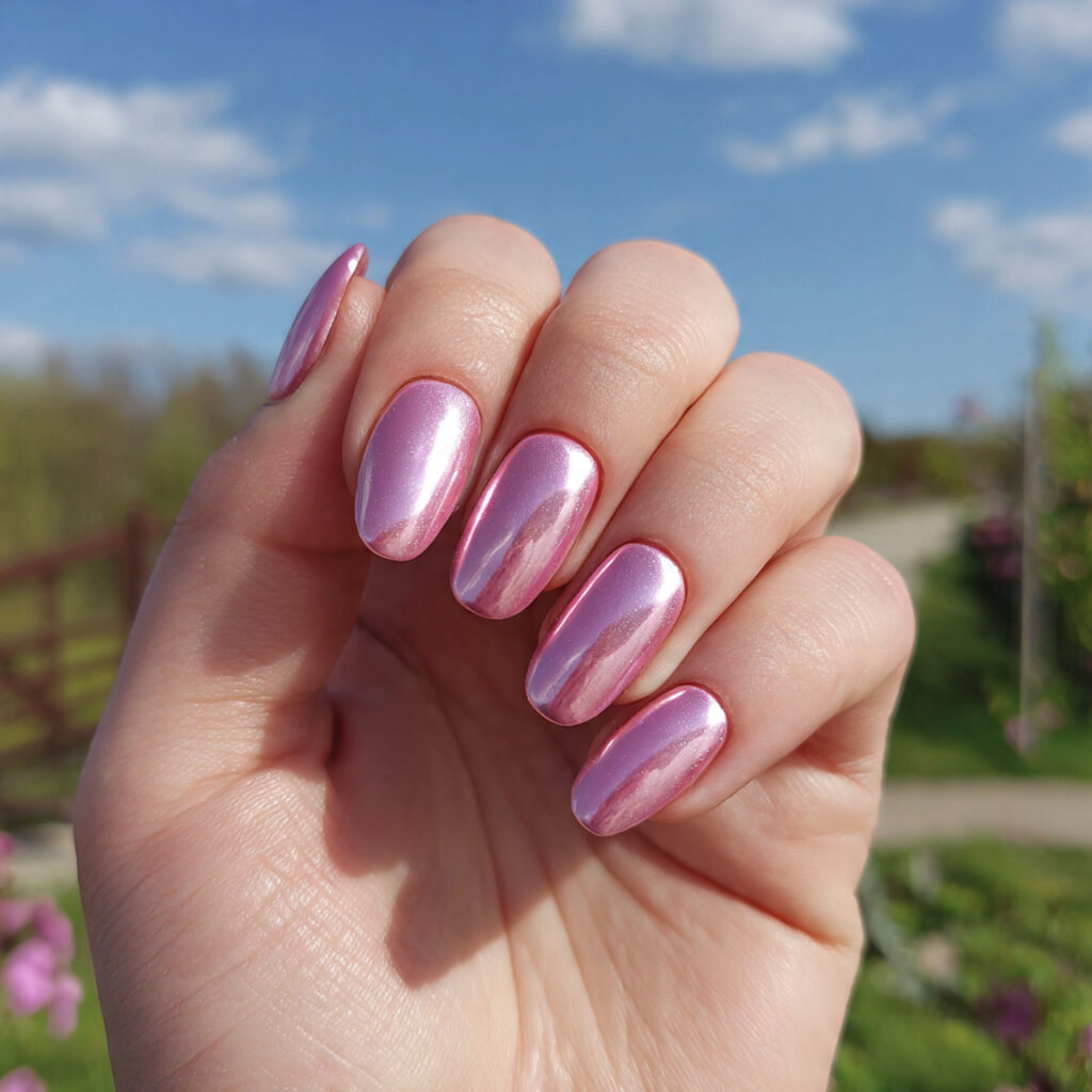 attractive mauve pink chrome nails with outdoor su