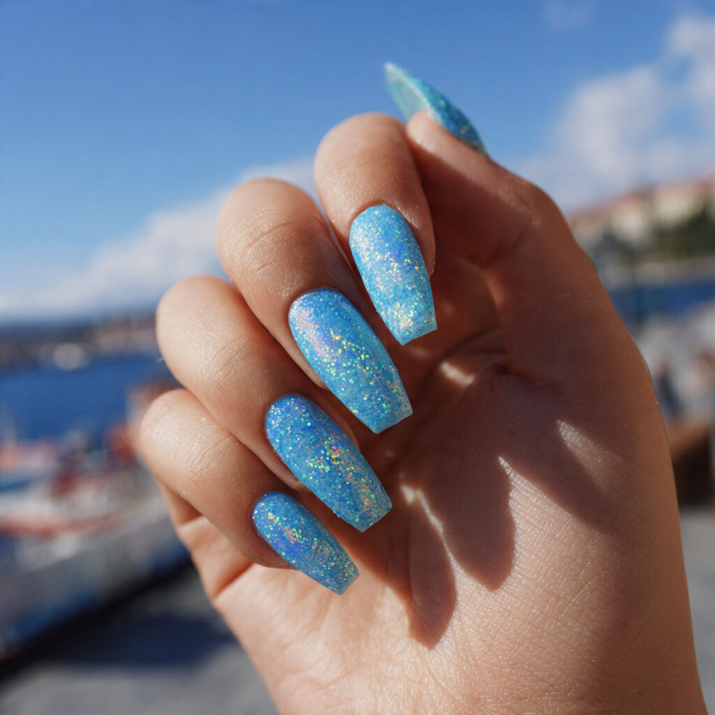 attractive mermaid blue shimmer nails with summer