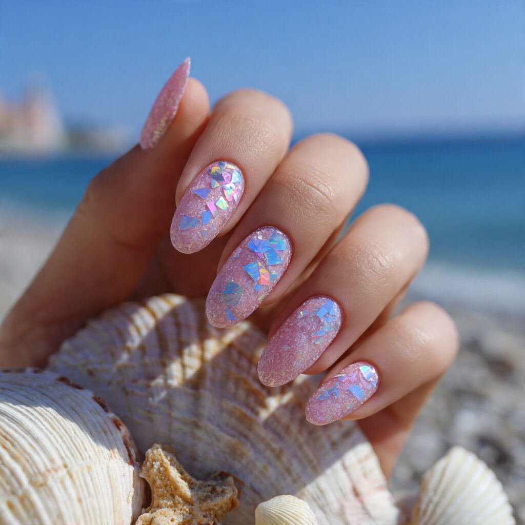 attractive mermaid opal flake accent gel nails wit
