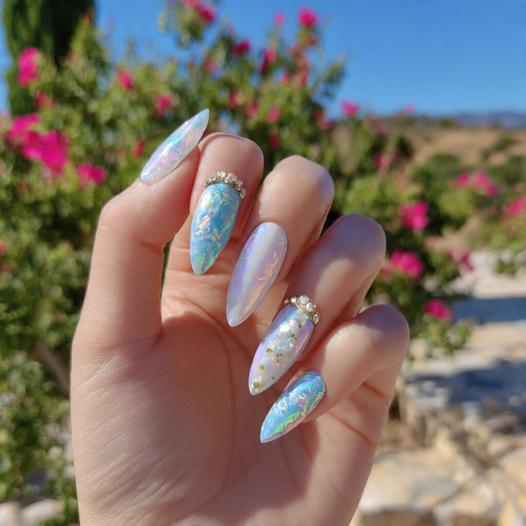 attractive mermaid pearl opal flake accent nails w