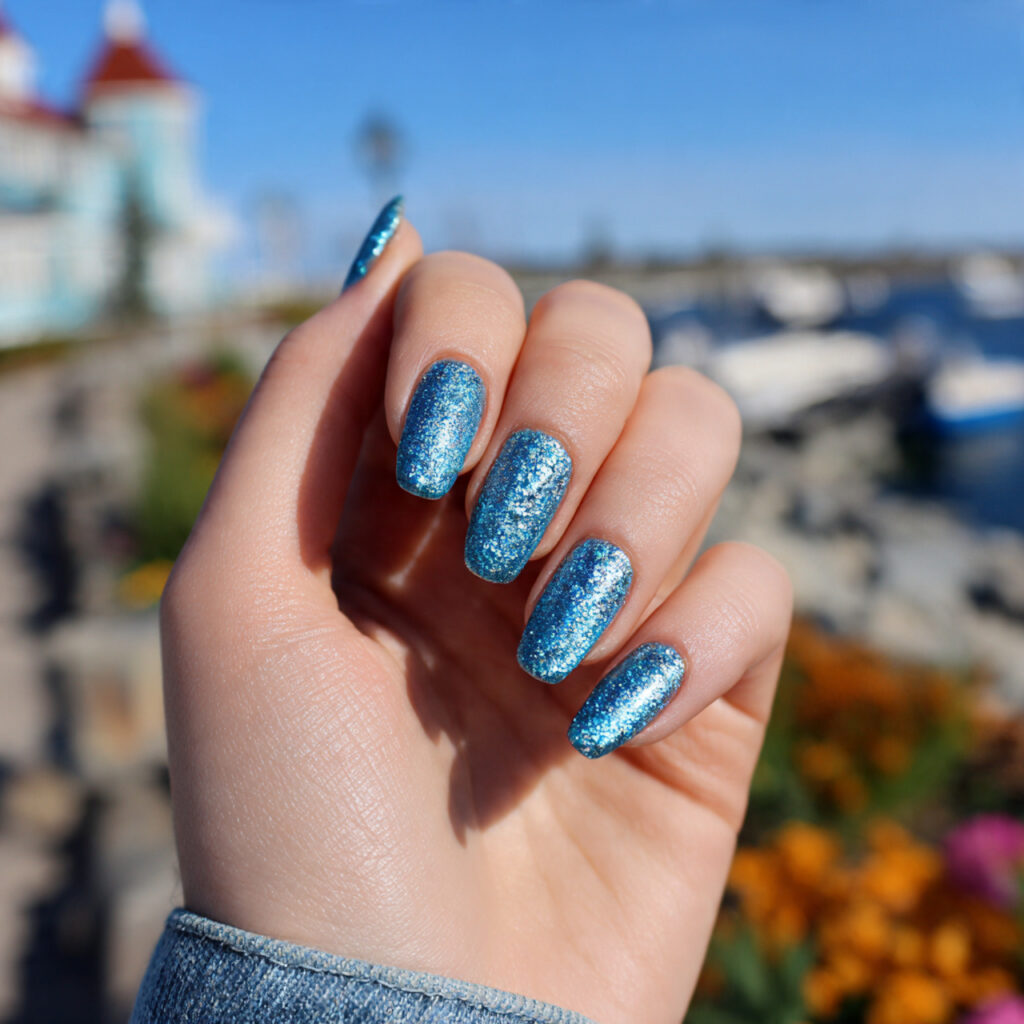 attractive mermaid shimmer blue nails with outdoor 1 1