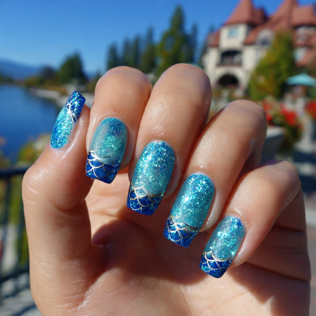 attractive mermaid shimmer tips nails with outdoor