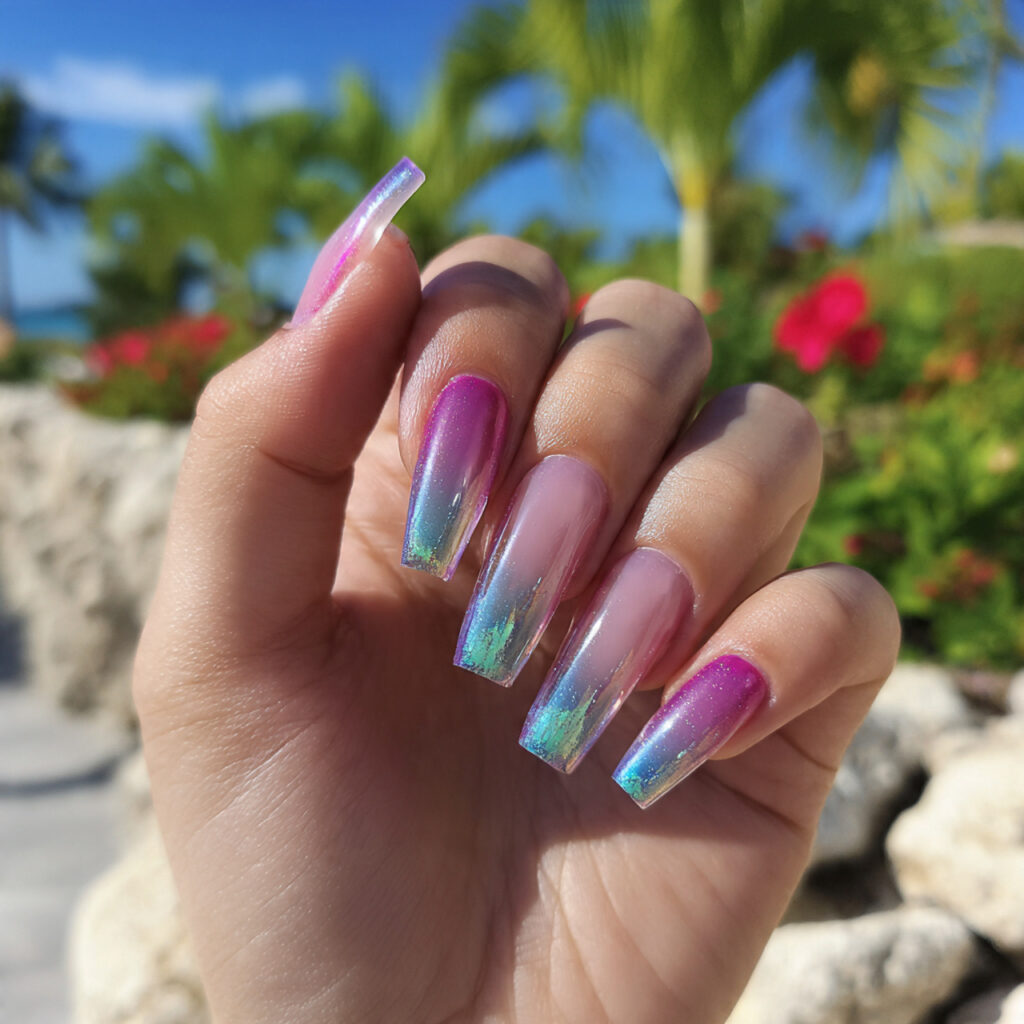 Summer Acrylic Nails: 14 Glossy, Vacation-Ready Designs You’ll Want to Screenshot 14 attractive mermaid shimmer tips on acrylics nails