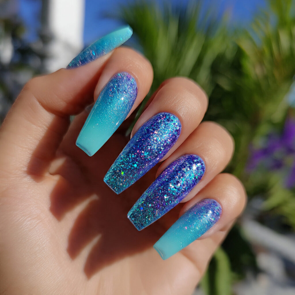 attractive mermaid shimmer tips on coffin acrylics