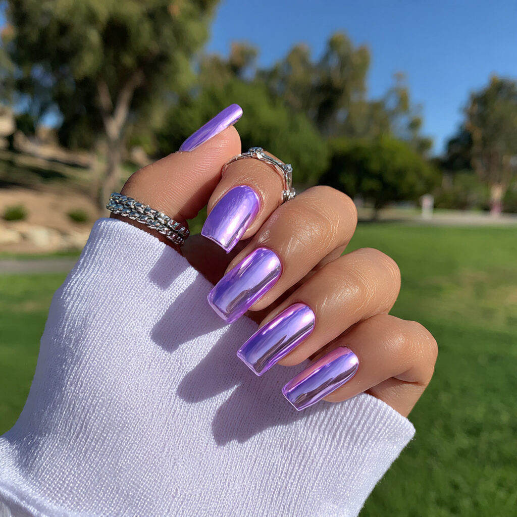 Nail Inspo Y2K: 14 Playful Y2K Nail Ideas That Feel So Cute and Nostalgic 9 attractive metallic lavender y2k nails with outdoo