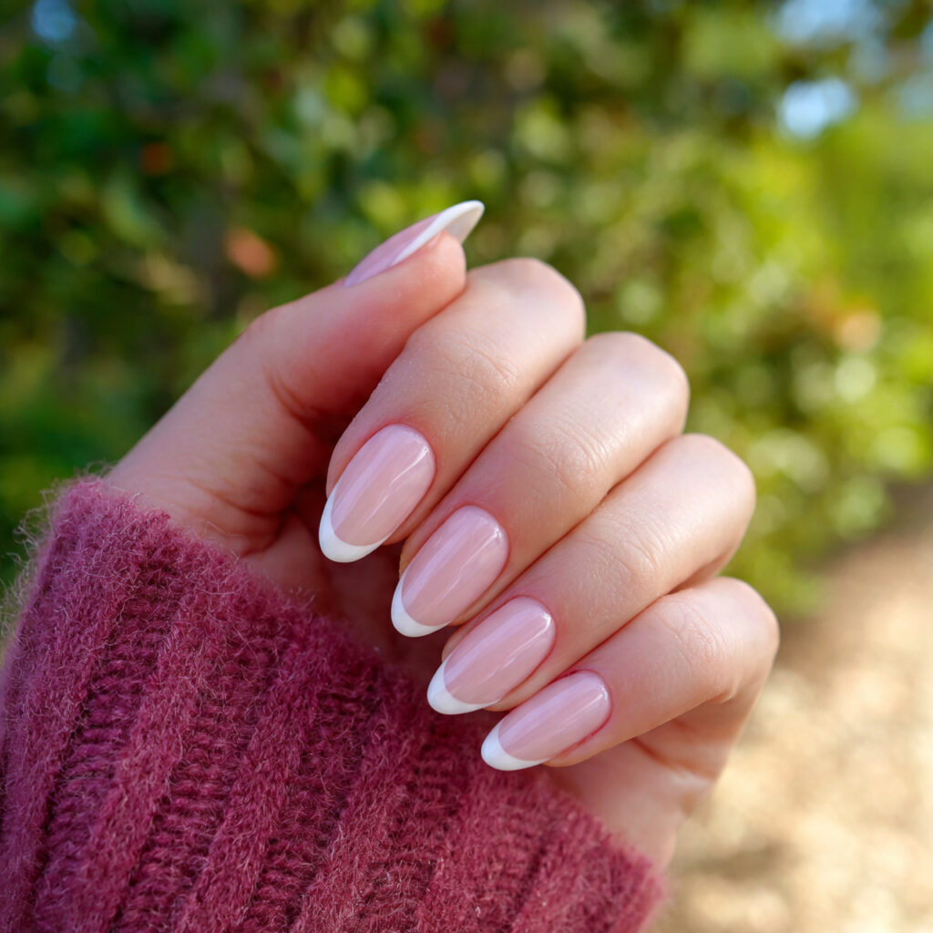 attractive micro french almond nails with outdoor