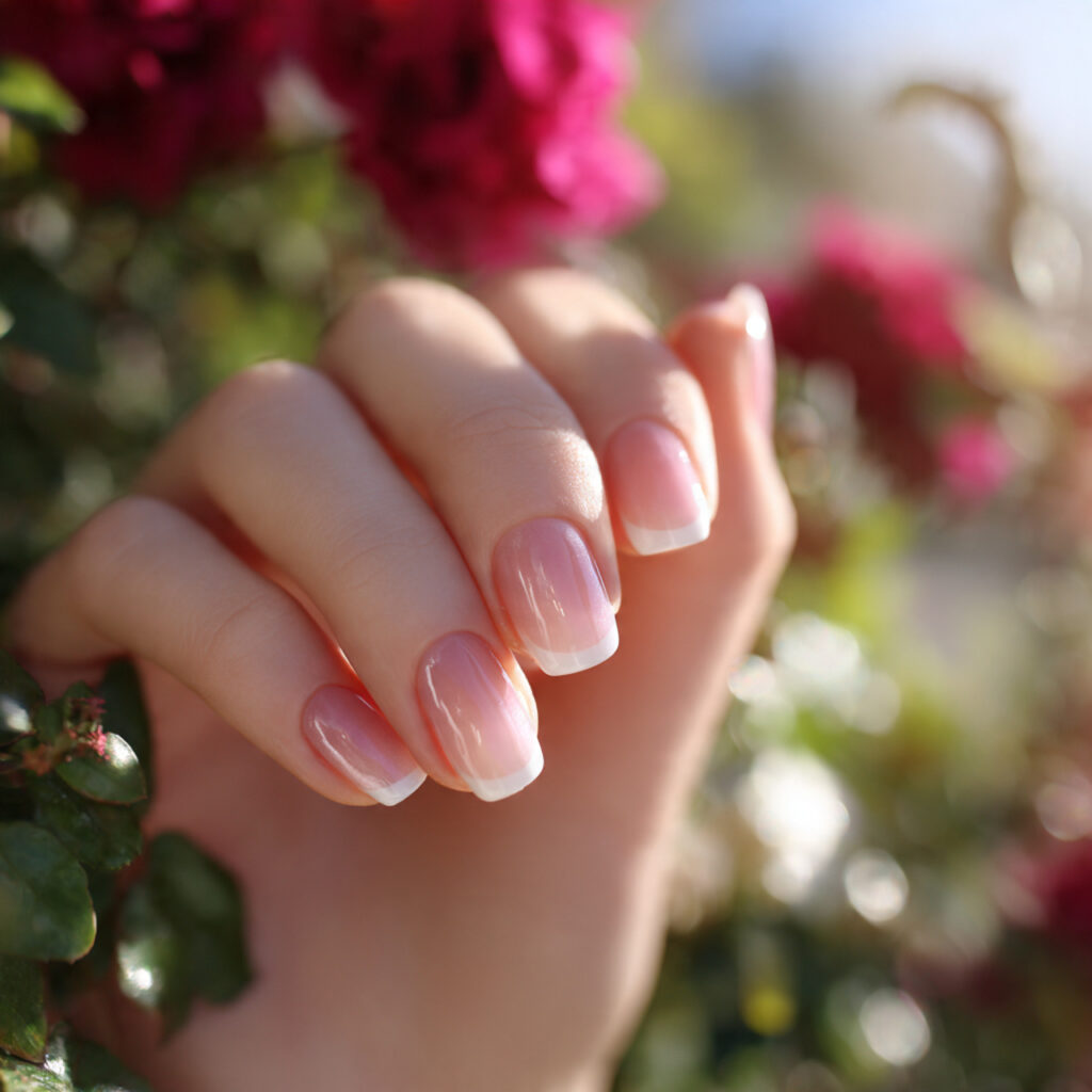 attractive micro french nails with outdoor backgro