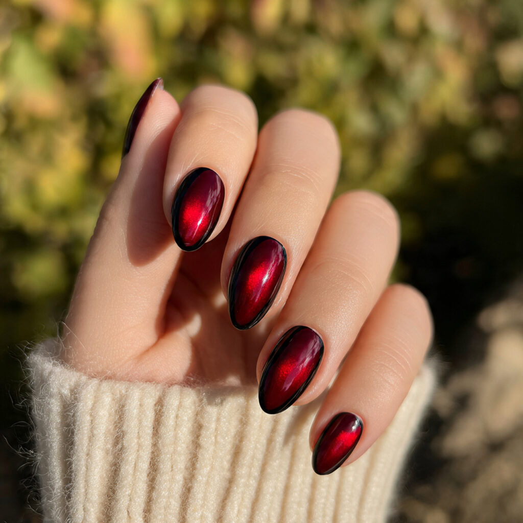 attractive micro french red cat eye tips nails wit