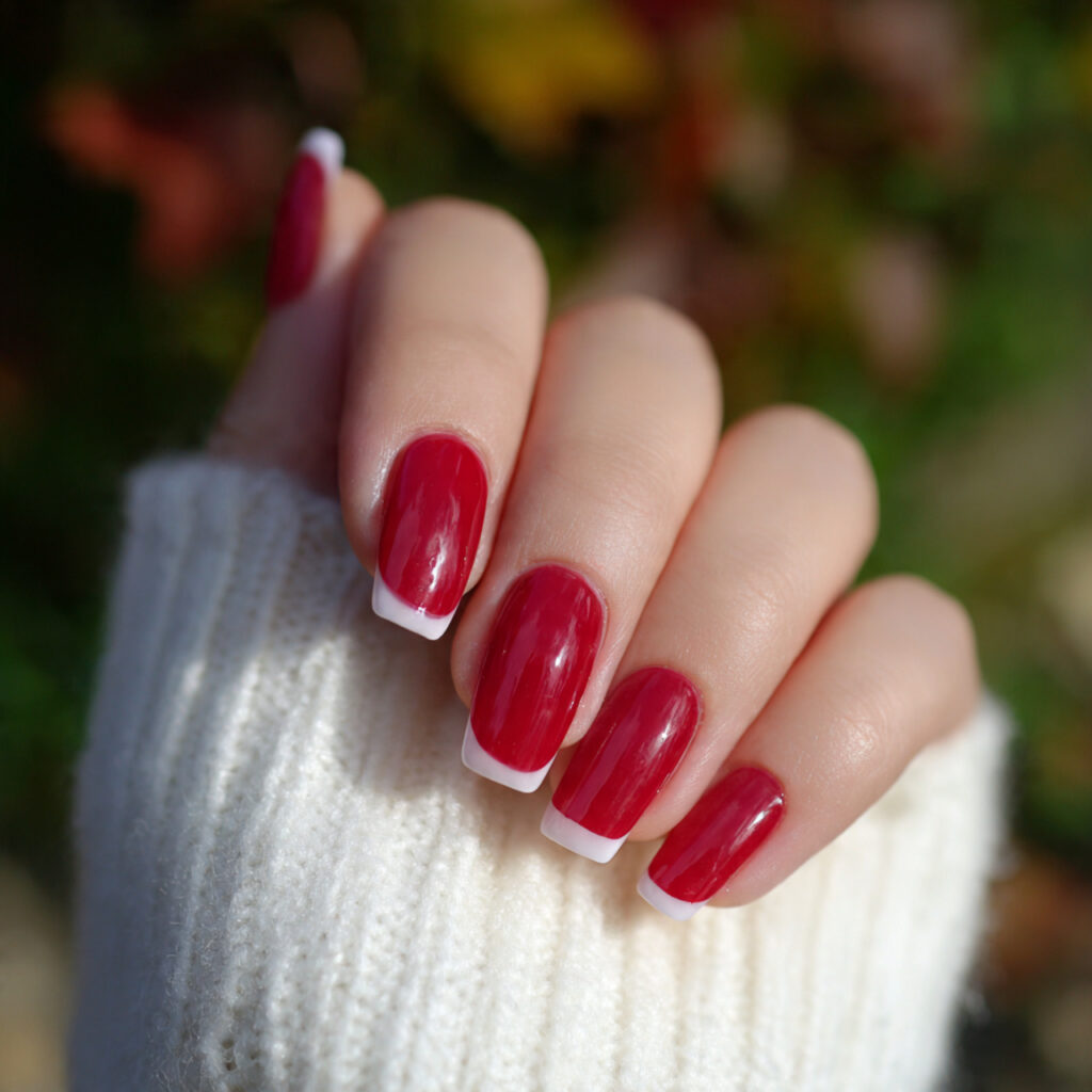 attractive micro french red coffin tip nails with