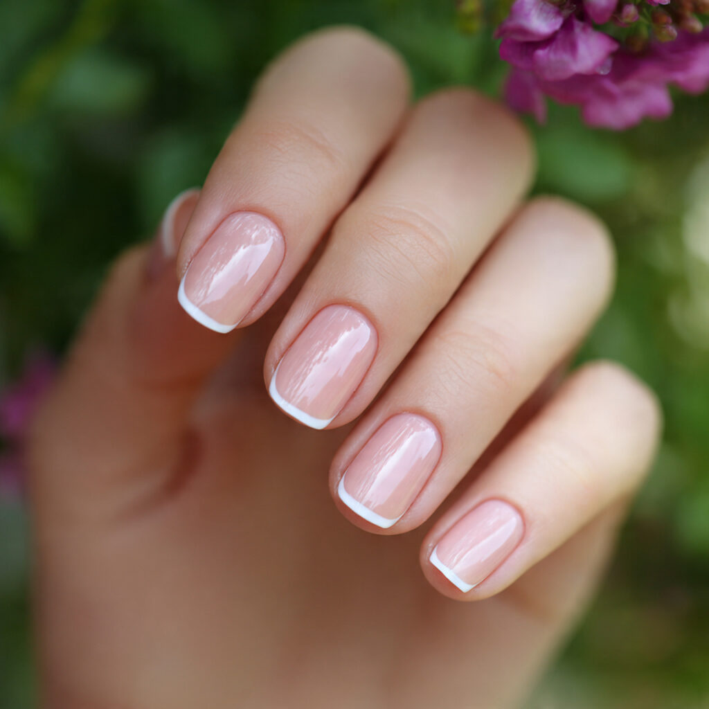 attractive micro french short nails with outdoor b