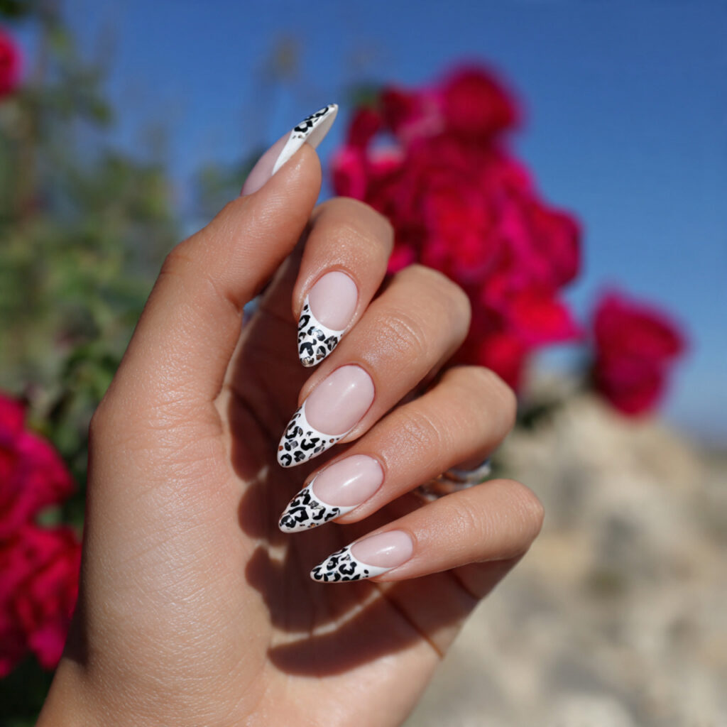 attractive micro french stiletto nails with outdoo
