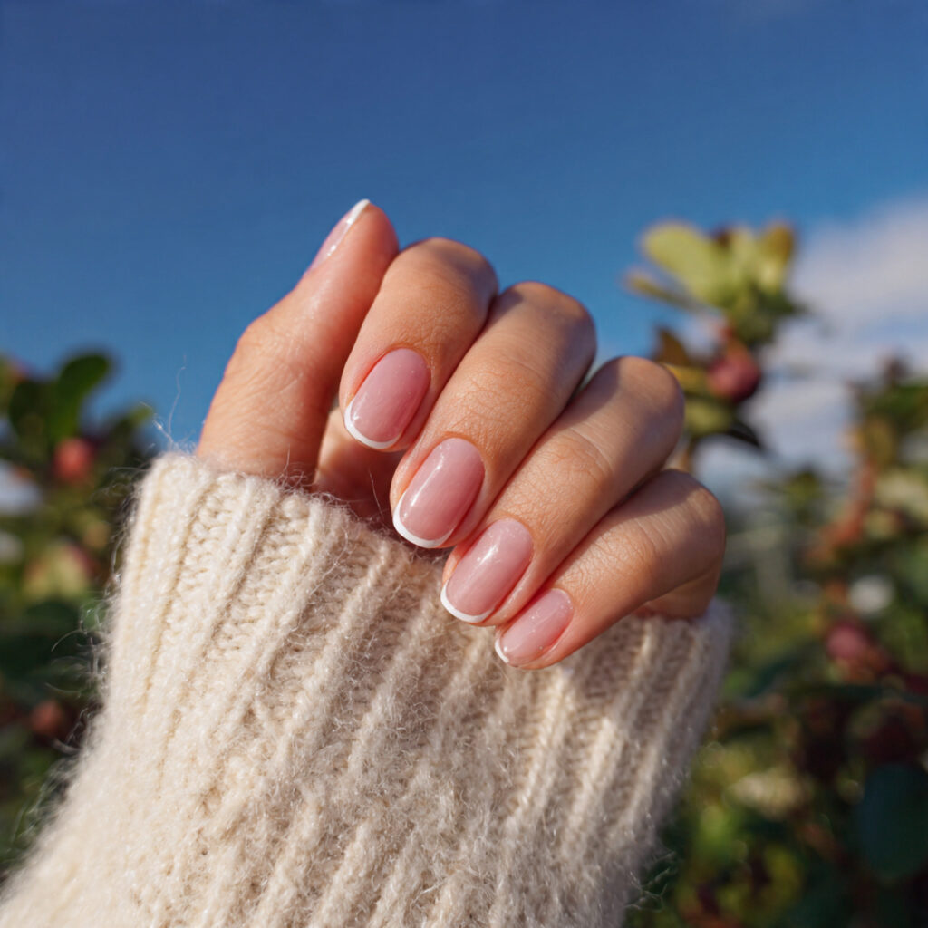 attractive micro french tip nails with outdoor bac