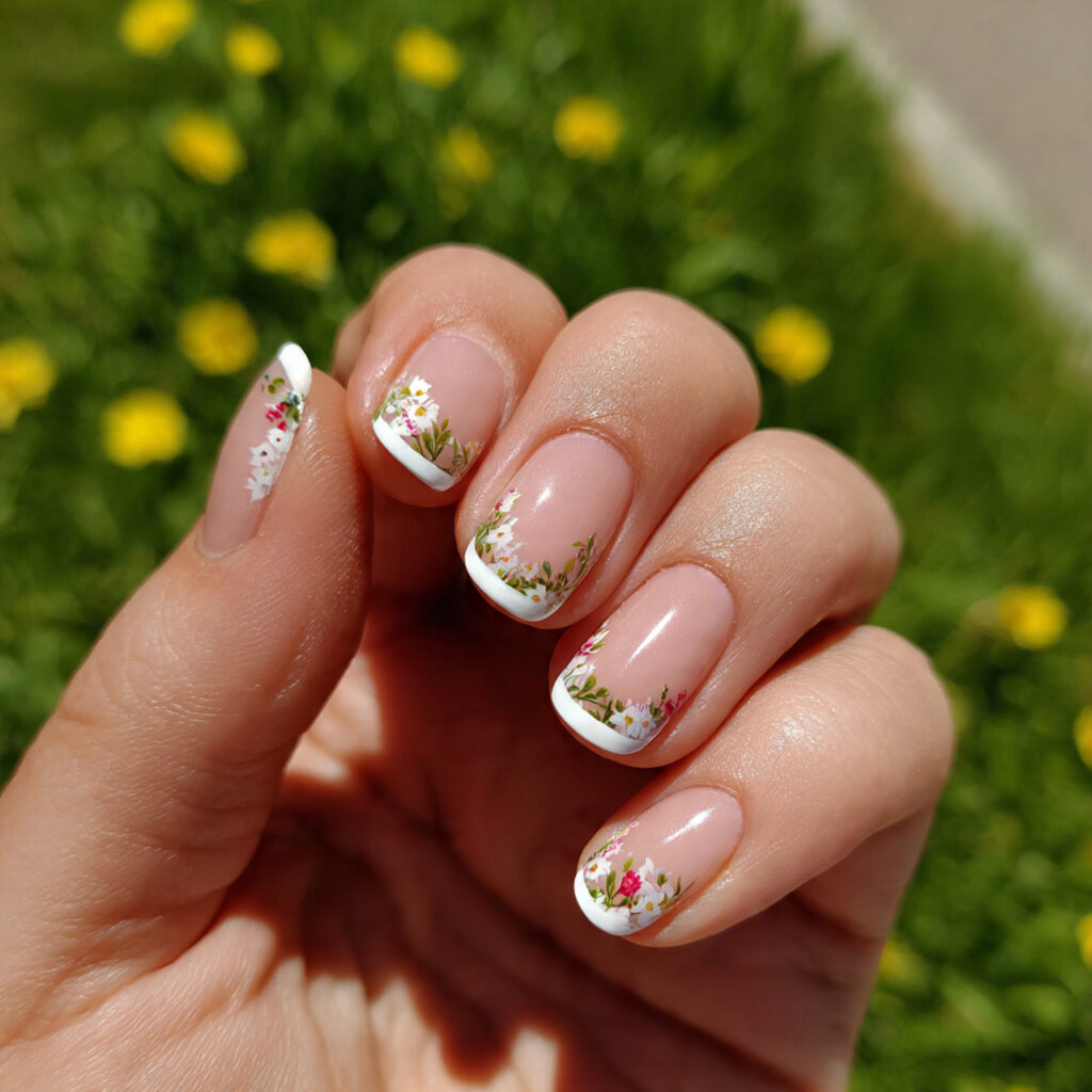 attractive micro french tip nails with outdoor sum