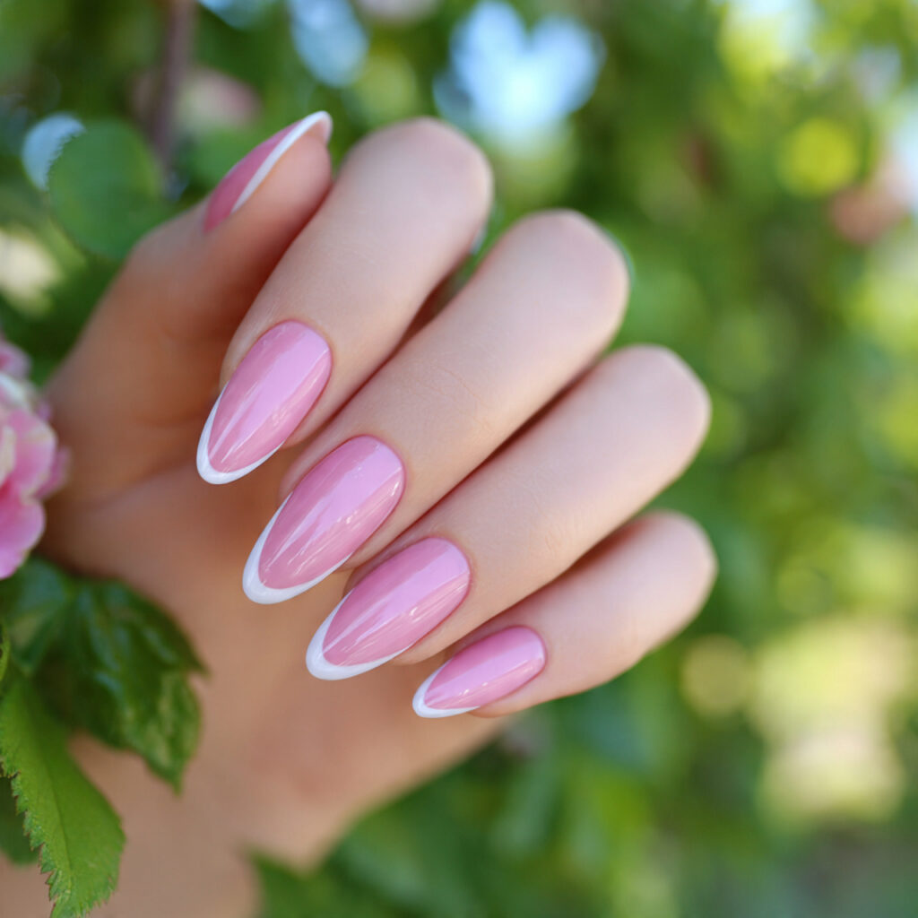 attractive micro pink french long almond nails wit