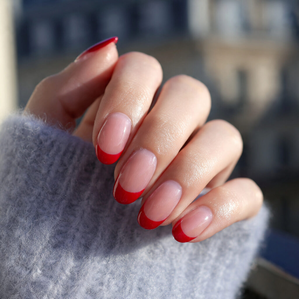 attractive micro red french on base nails with out
