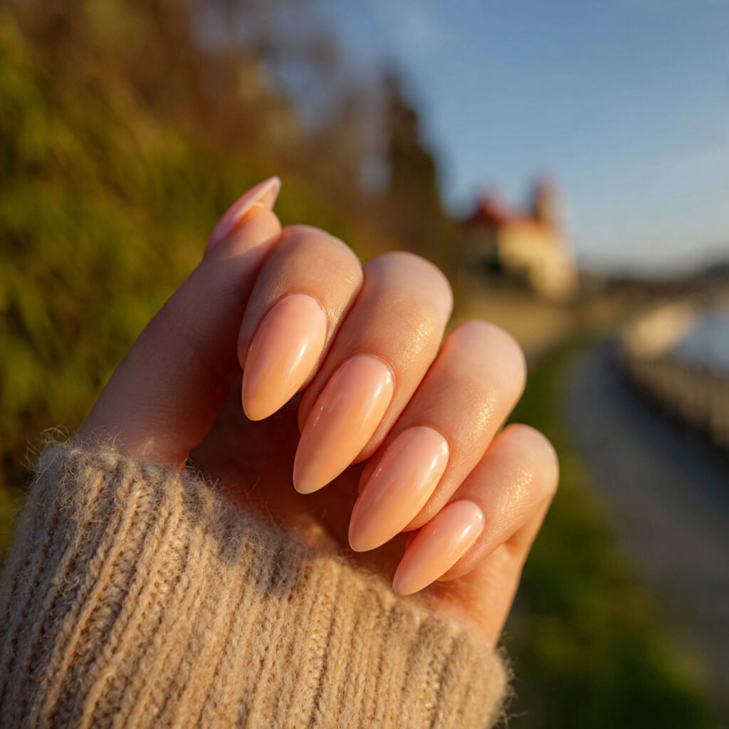 attractive milky apricot sunlit nails with outdoor