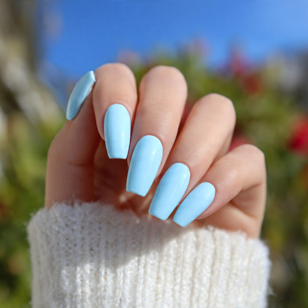 attractive milky baby blue gloss nails with outdoo