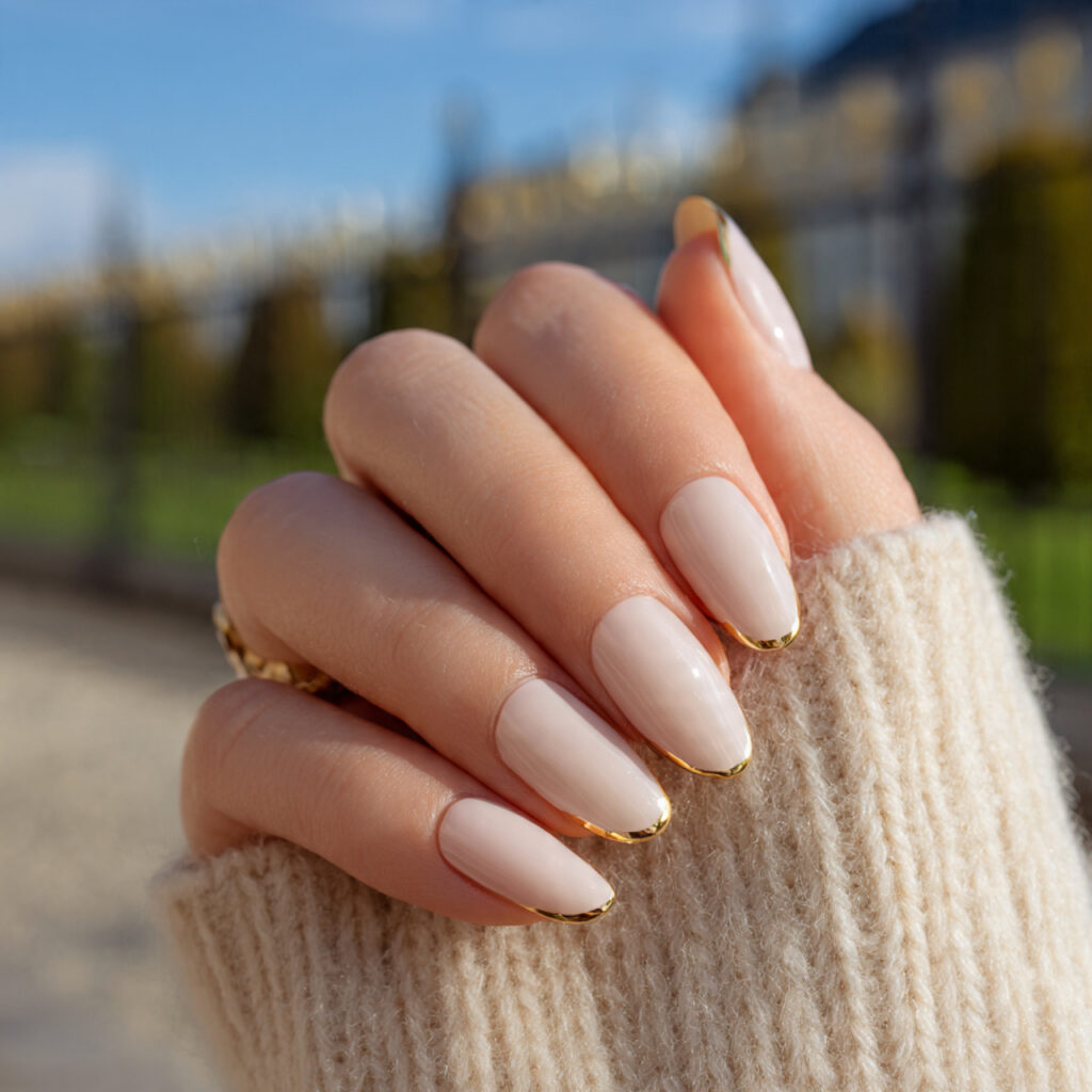 attractive milky beige nails with gold cuticle lin