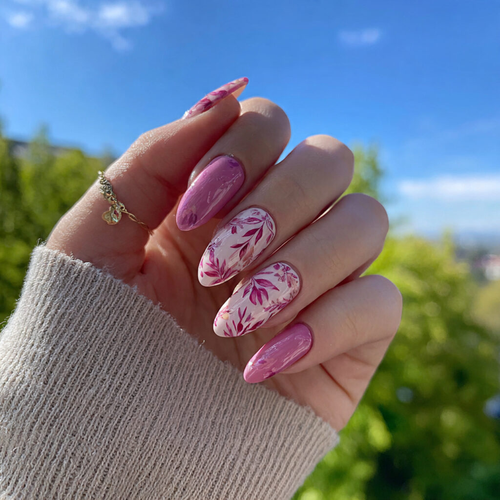 attractive milky glazed almond nails with outdoor 1