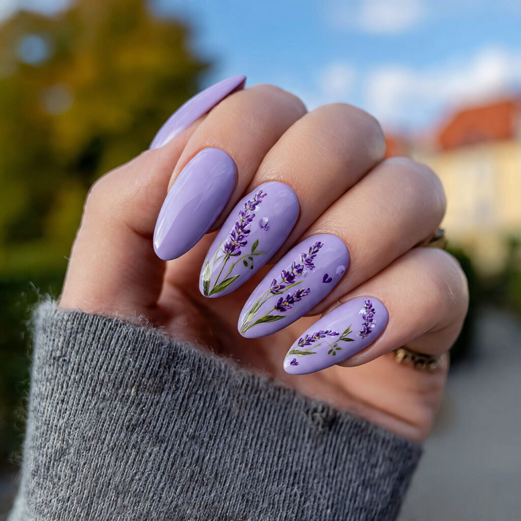 attractive milky lavender almond nails with outdoo
