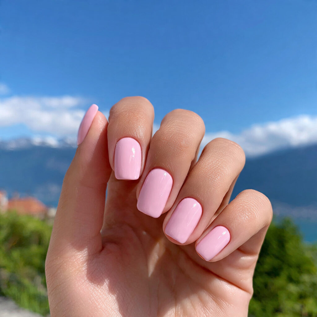 attractive milky light pink nails with outdoor sum