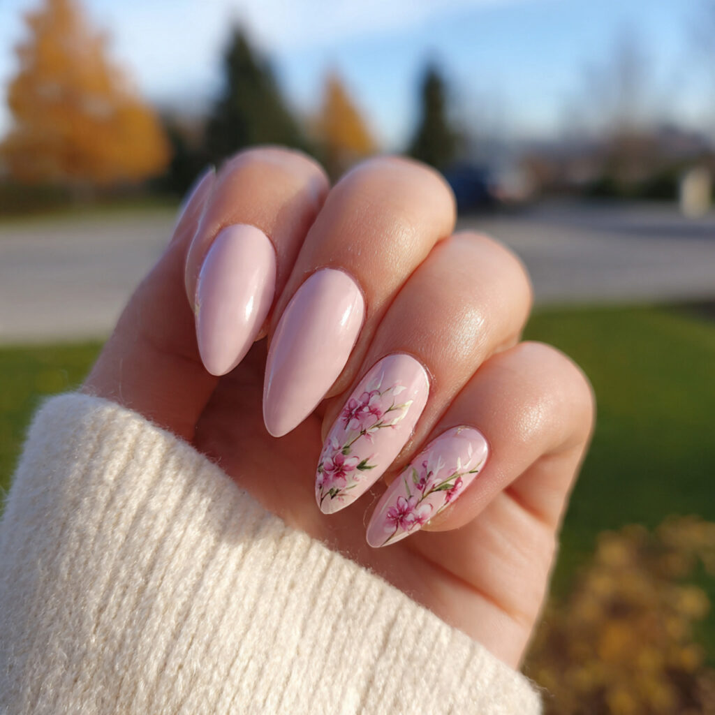attractive milky long almond nails with outdoor su