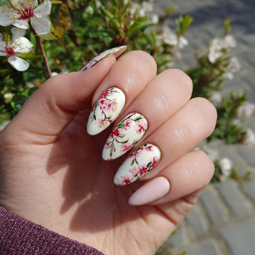 attractive milky peach glazed almond nails with su