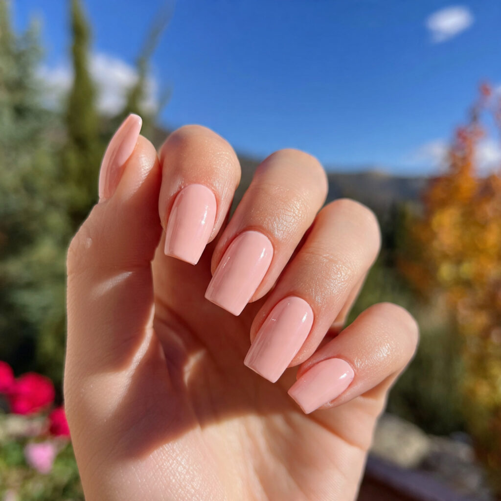 attractive milky peach glazed nails with outdoor b