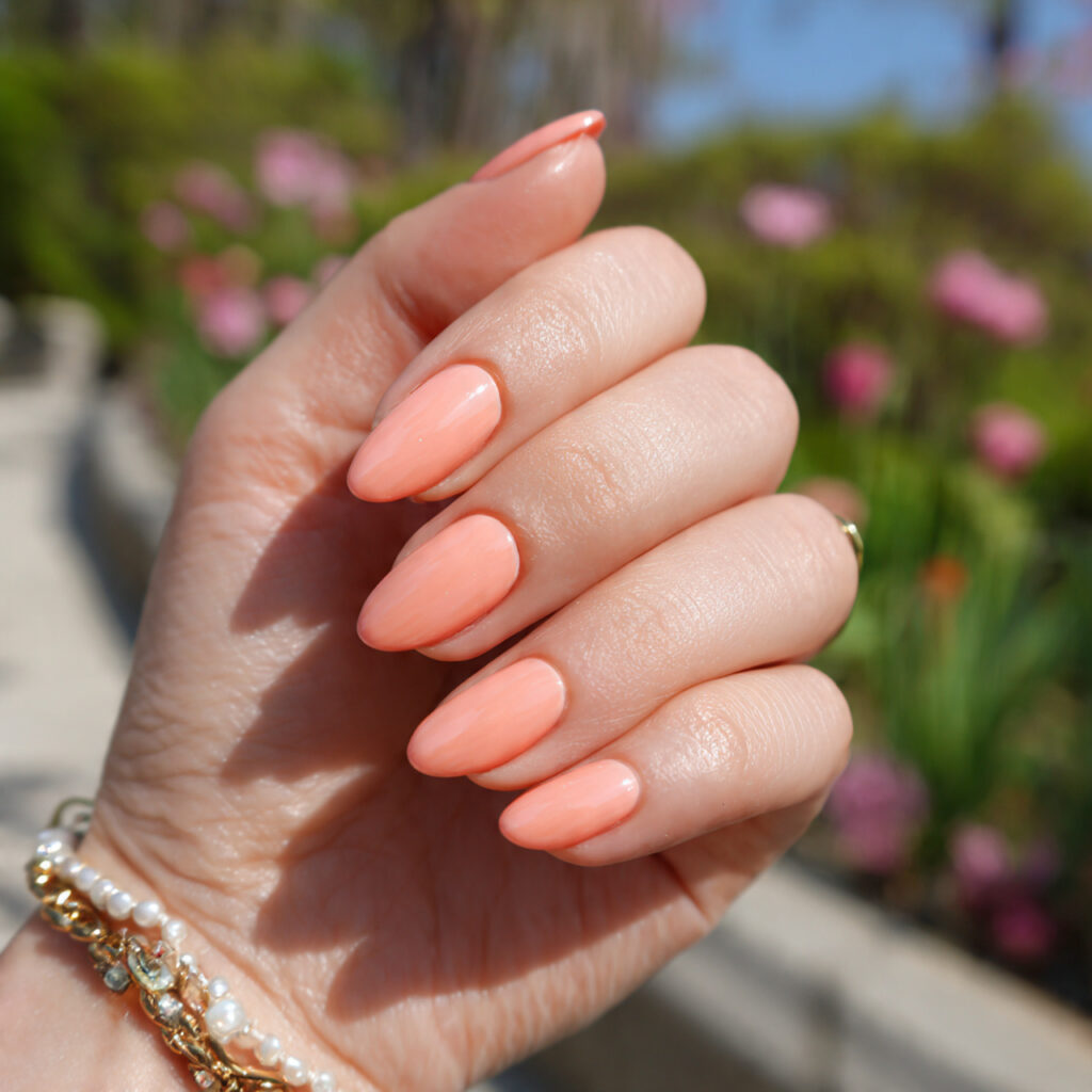 attractive milky peach glazed nails with summer ou