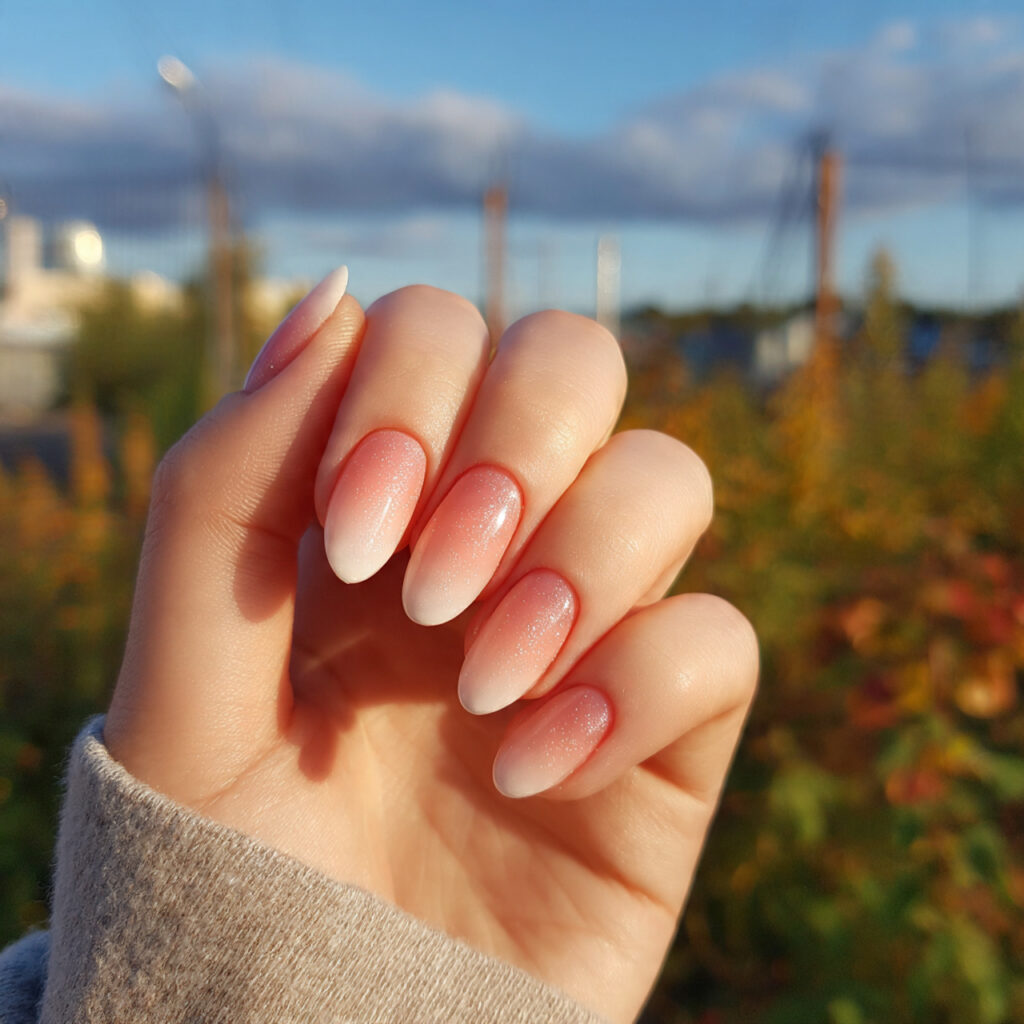 attractive milky peach sun faded nails nails with