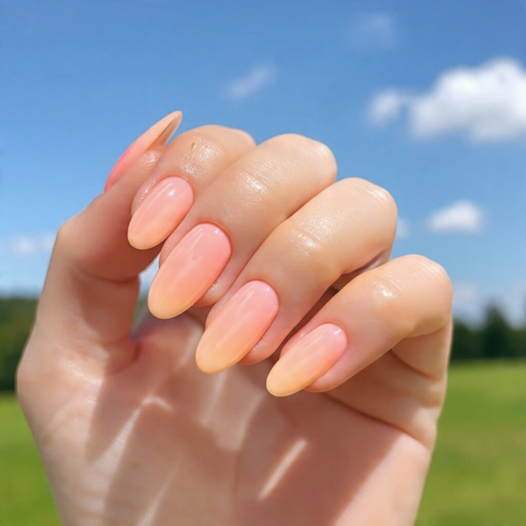 attractive milky peach sun kissed gloss nails with