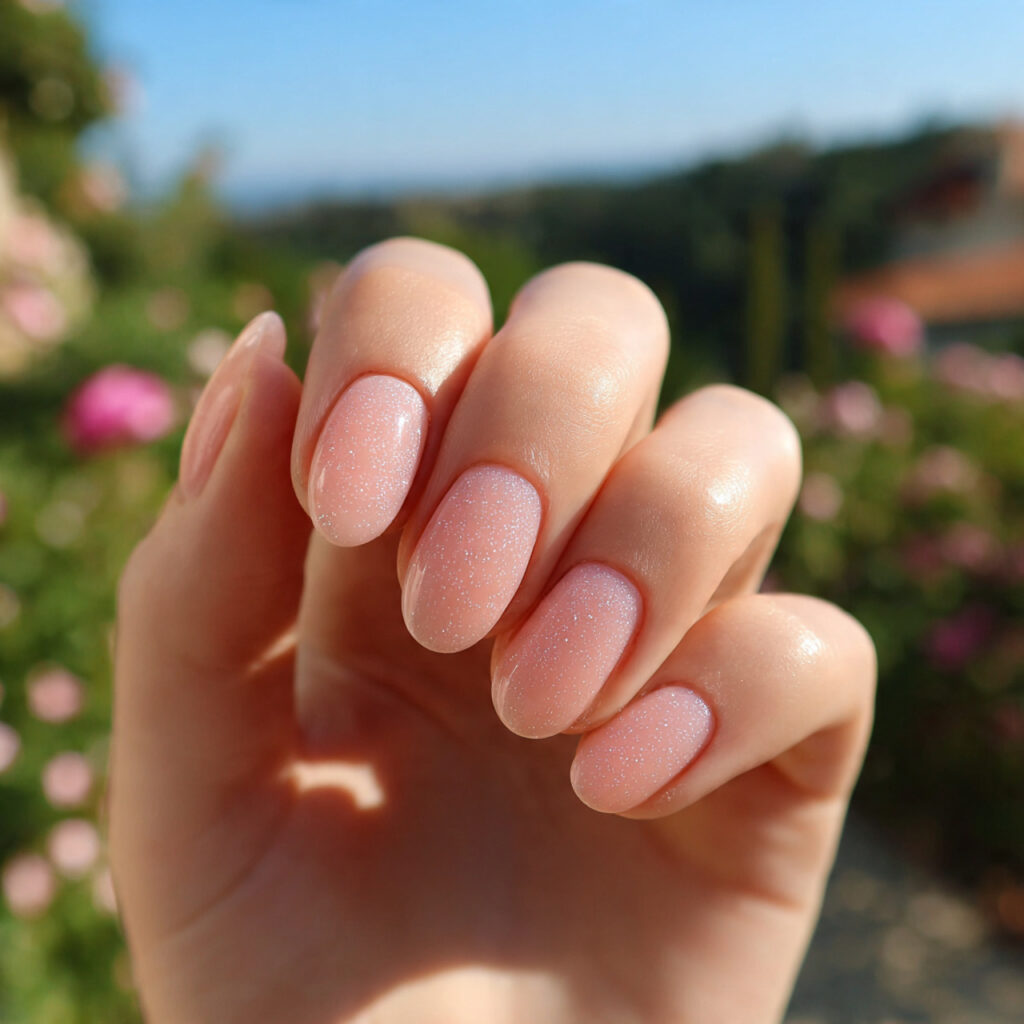 attractive milky peach sunlit skin nails with outd