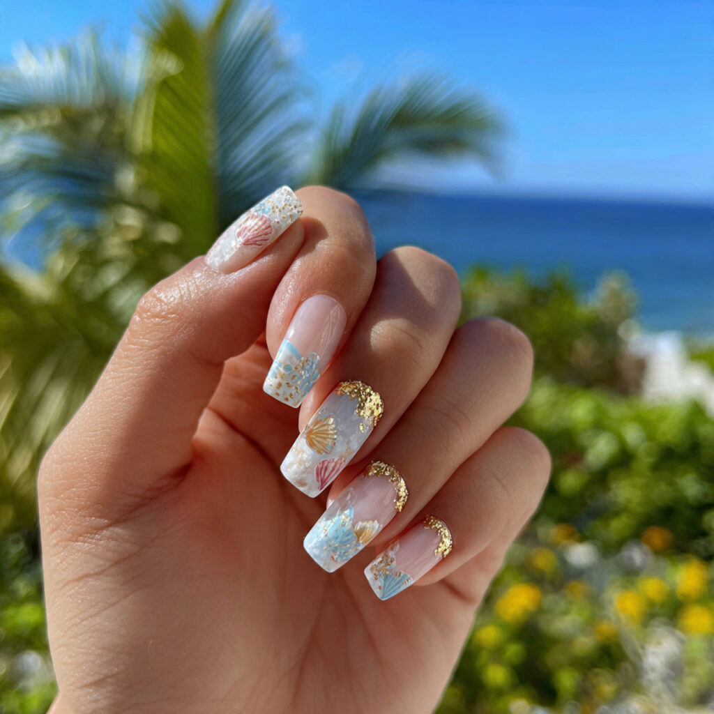 attractive milky pearl seashell accent nails with