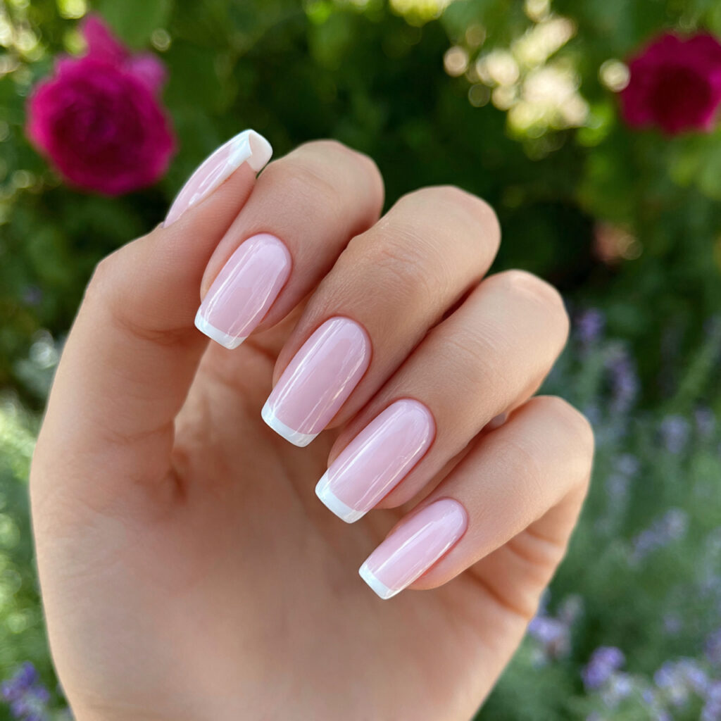 attractive milky pink base with whisper white tips