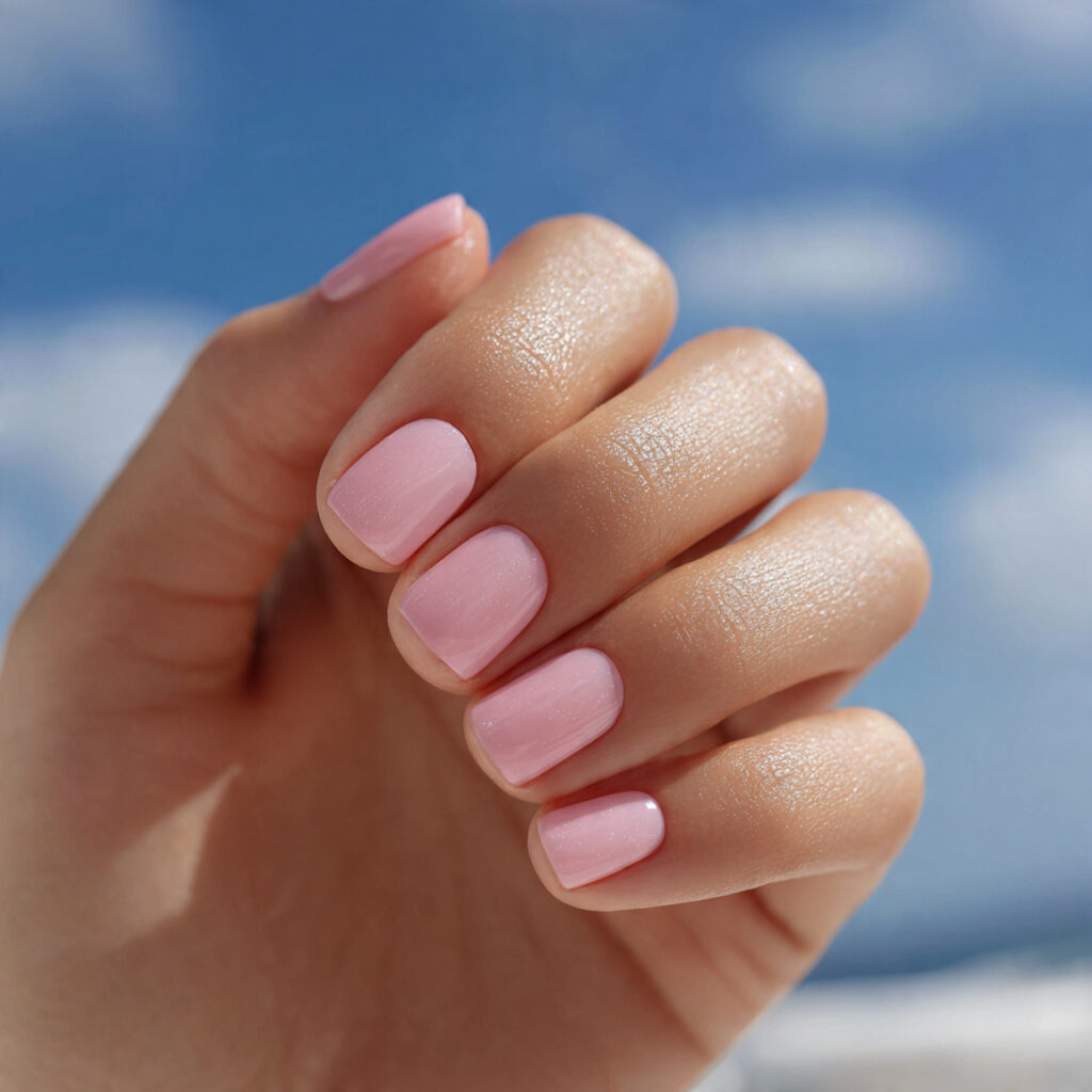attractive milky pink glazed short nails with outd