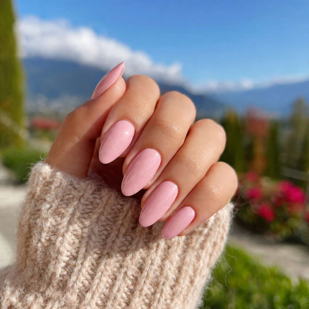 attractive milky pink gloss almond nails with outd