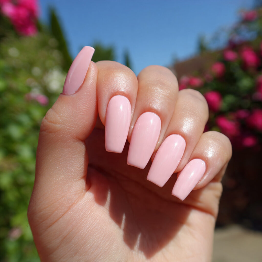 attractive milky pink gloss coffin nails with outd