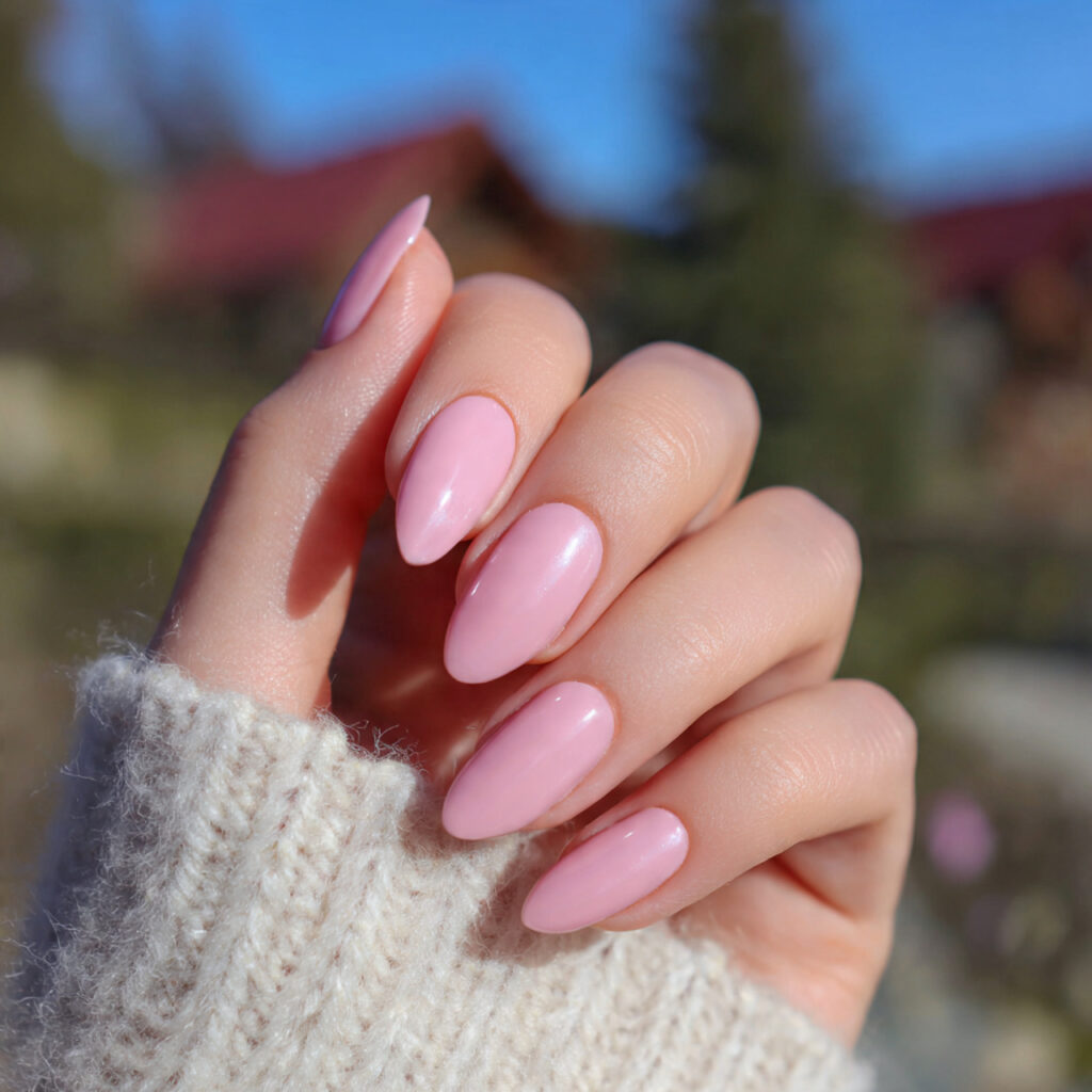 attractive milky pink gloss nails with outdoor bac