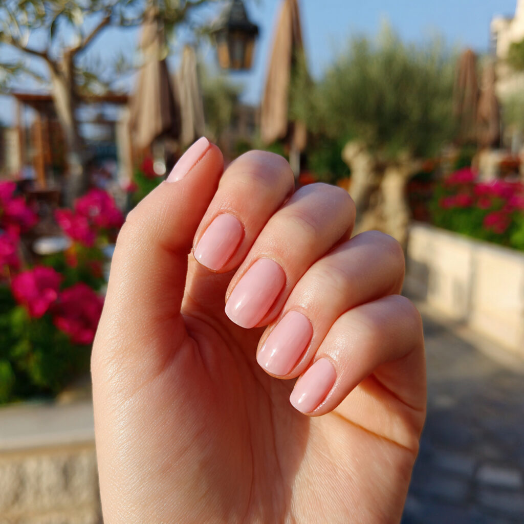 attractive milky pink gloss nails with outdoor bac 2