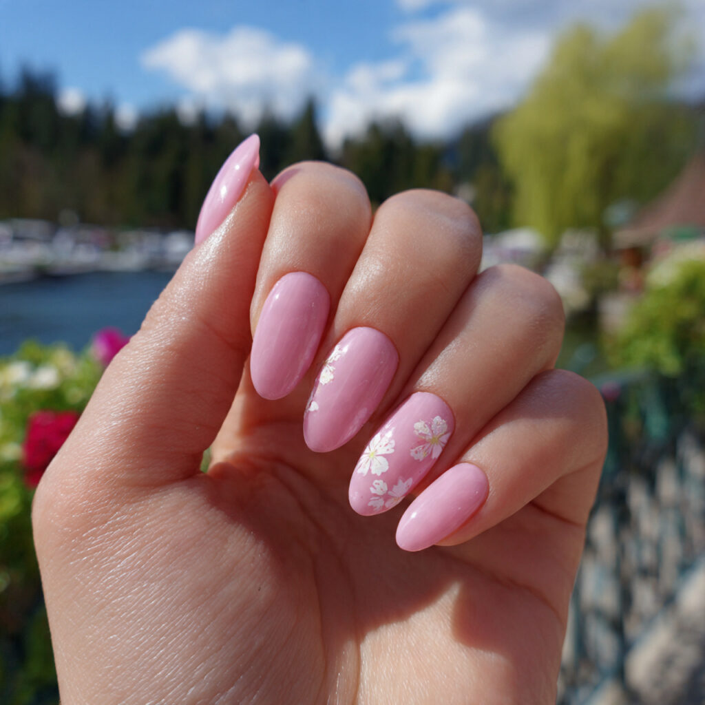 attractive milky pink gloss nails with outdoor sum