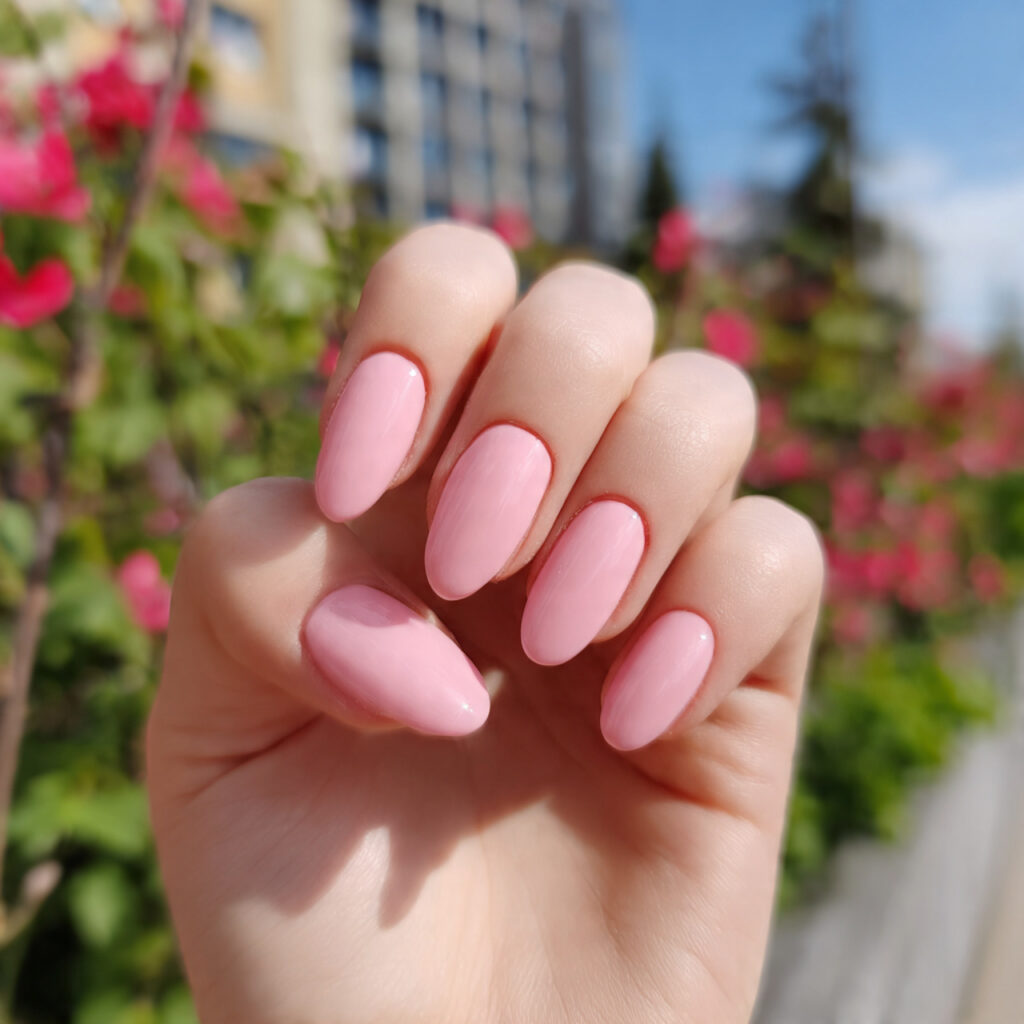 attractive milky pink glossy nails with outdoor ba