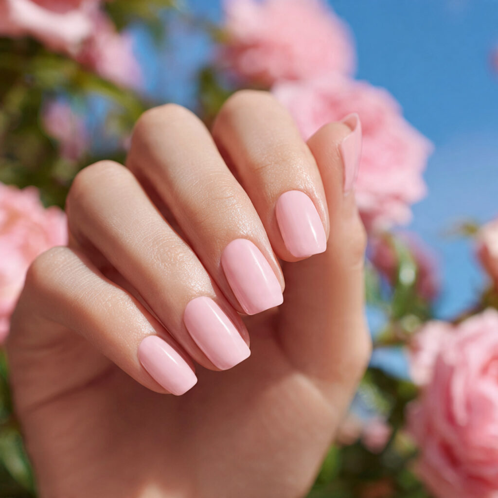 attractive milky rose pink gel nails with outdoor