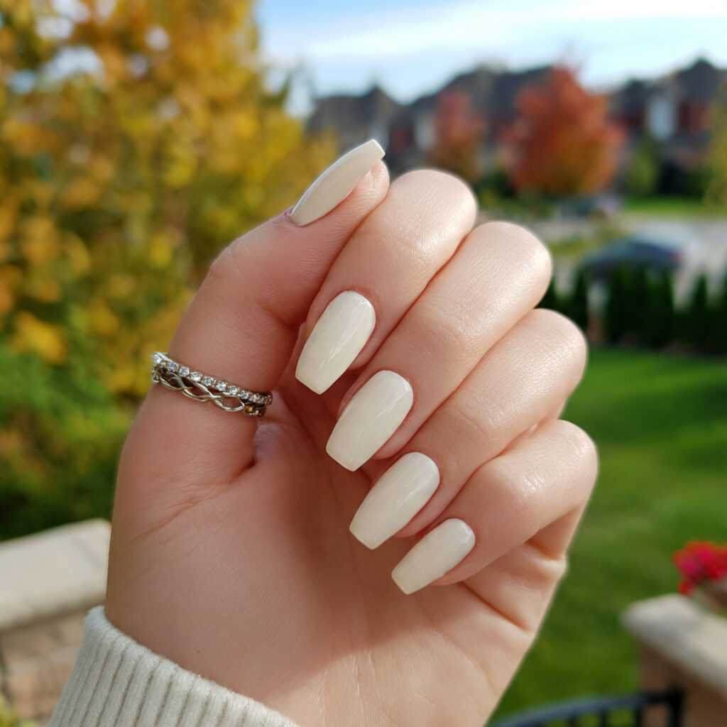 attractive milky vanilla acrylic nails with outdoo 1