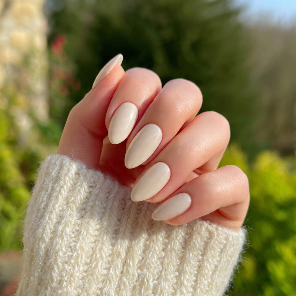 attractive milky vanilla short almond nails with o