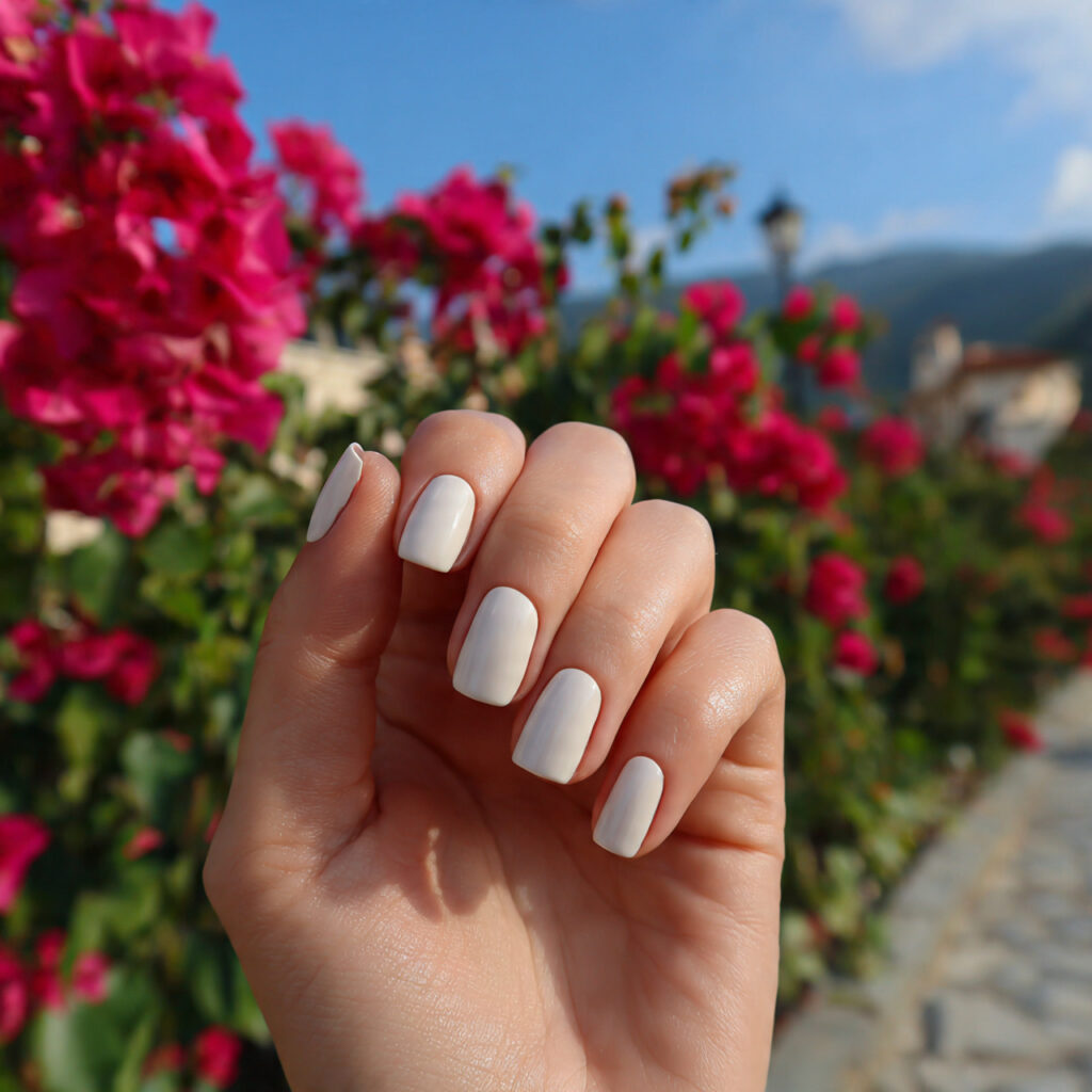 attractive milky vanilla short nails with outdoor