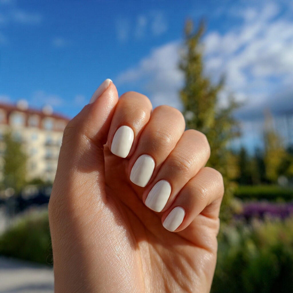 attractive milky vanilla short nails with outdoor 1 2