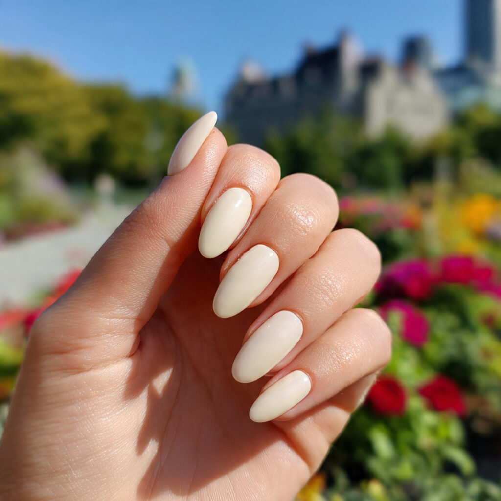 attractive milky vanilla short oval nails with out