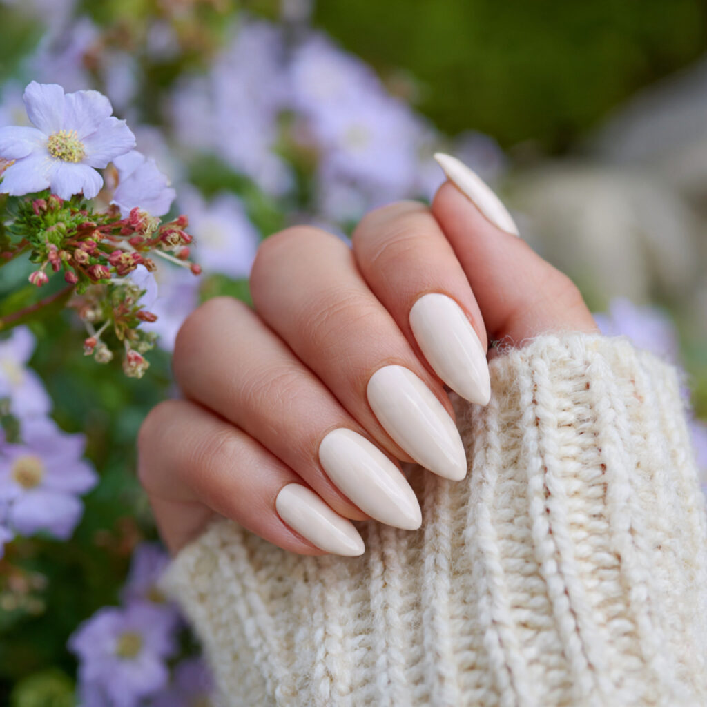 attractive milky vanilla short stiletto nails with