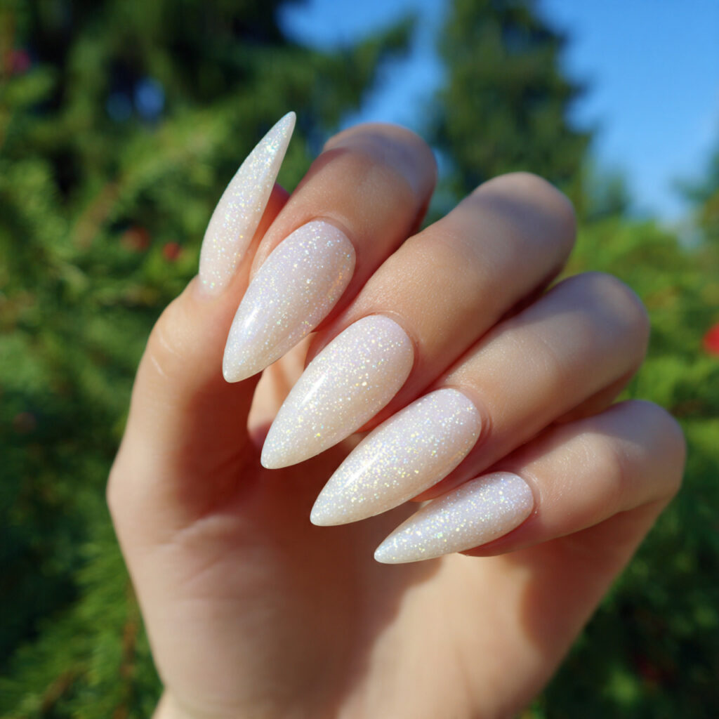 attractive milky vanilla stiletto nails with summe